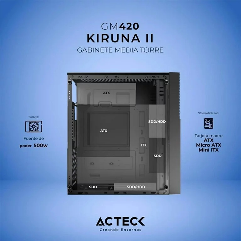 Gabinete Acteck Kiruna II GM420, Midi-Tower, ATX/Micro-ATX/Mini-ATX, USB 2.0, con Fuente 500W, sin Ventiladores Instalados, Negro SKU: AC-935685