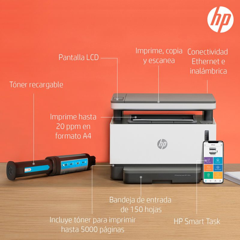 Multifuncional HP Neverstop 1200NW, 21ppm, Imprime y Copia solo en Negro, Laser, Tóner Continuo, Usb, Ethernet, Wifi, Monocromática SKU: 5HG85A#BGJ