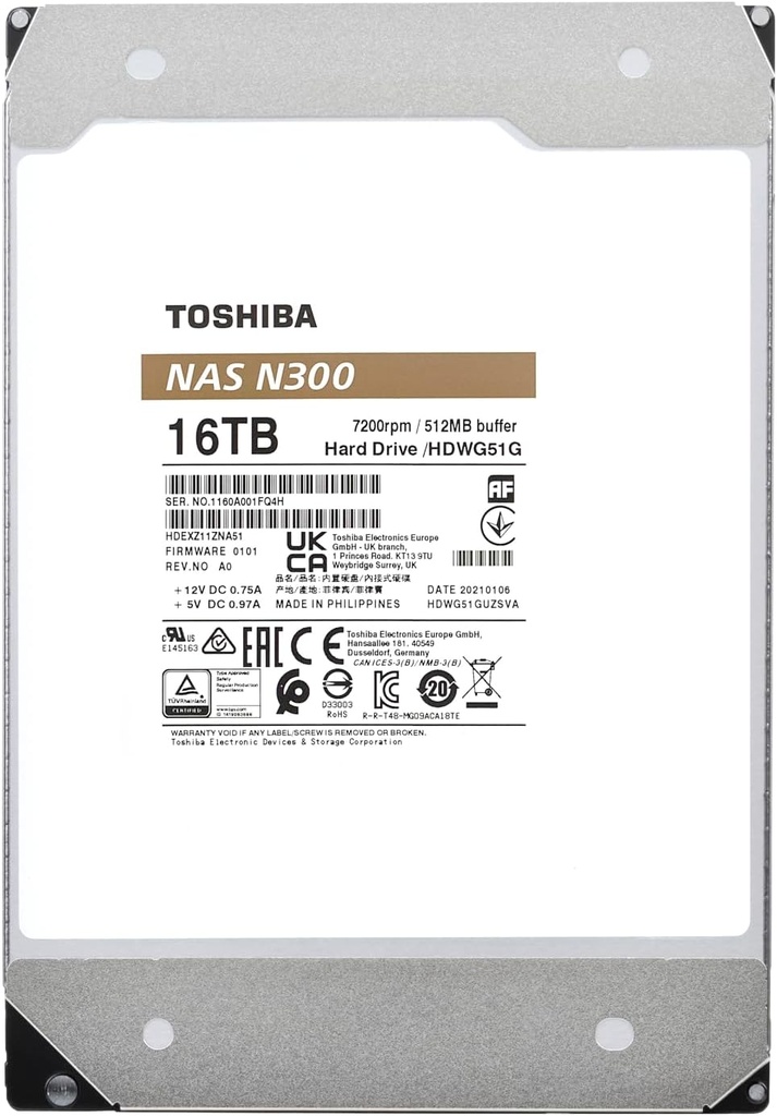 Toshiba Disco duro interno NAS N300 de 16 TB de 3,5 pulgadas - CMR SATA 6 GB/s 7200 RPM 512 MB caché SKU: HDWG51GXZSTA