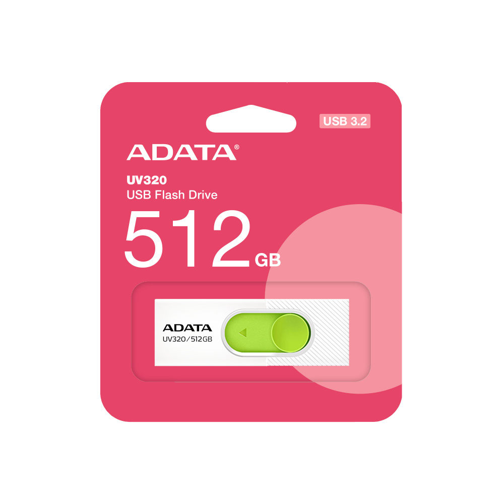 Memoria USB Adata UV320, 512GB, USB 3.1, Lectura 100MB/s, Blanco/Verde SKU: AUV320-512G-RWHGN