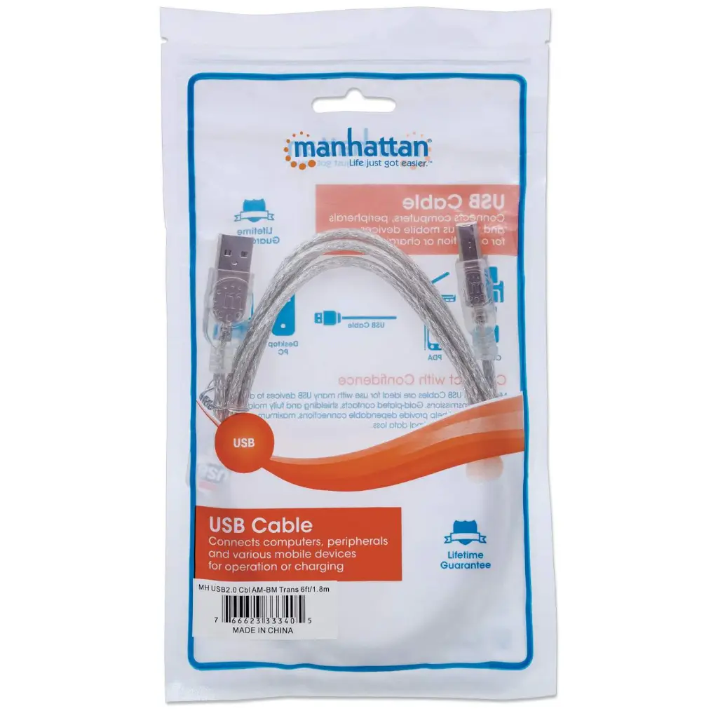 Manhattan Cable de Alta Velocidad USB 2.0, USB A Macho - USB B Macho, 1.8 Metros, Plata CB-165 SKU: 333405