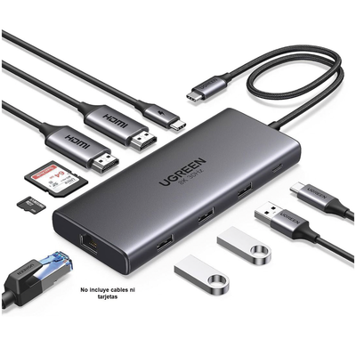 HUB USB-C (Docking Revodok Pro 210) 10 en 1 | 2 Puertos HDMI 8K,4K@60Hz | 3 USB-A | USB-C (5Gbps) | USB-C PD Carga 100W | RJ45 (Gigabit Ethernet) | Lector Tarjetas SD + Micro SD (TF) Simultáneo | Carcasa de Aluminio SKU: 15534