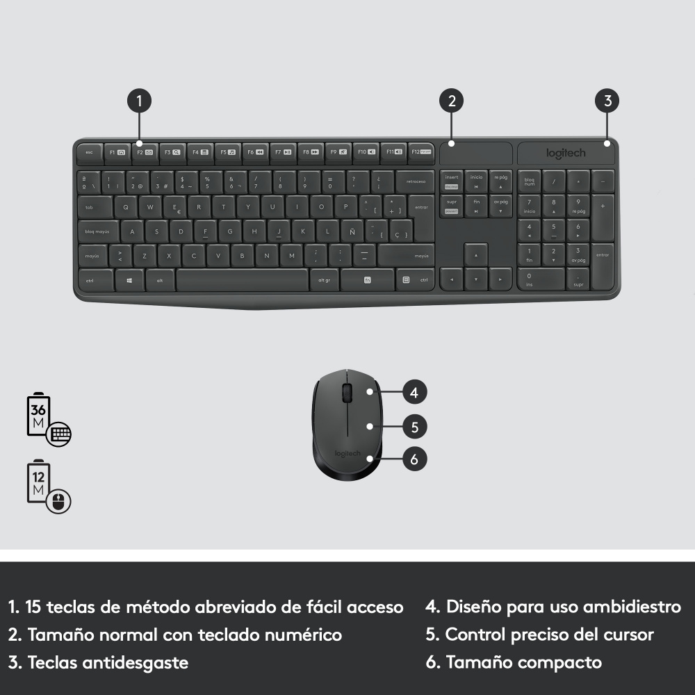 Kit de Teclado y Mouse Logitech MK235, Inalámbrico, USB, Negro (Español) KB-597 SKU: 920-007901