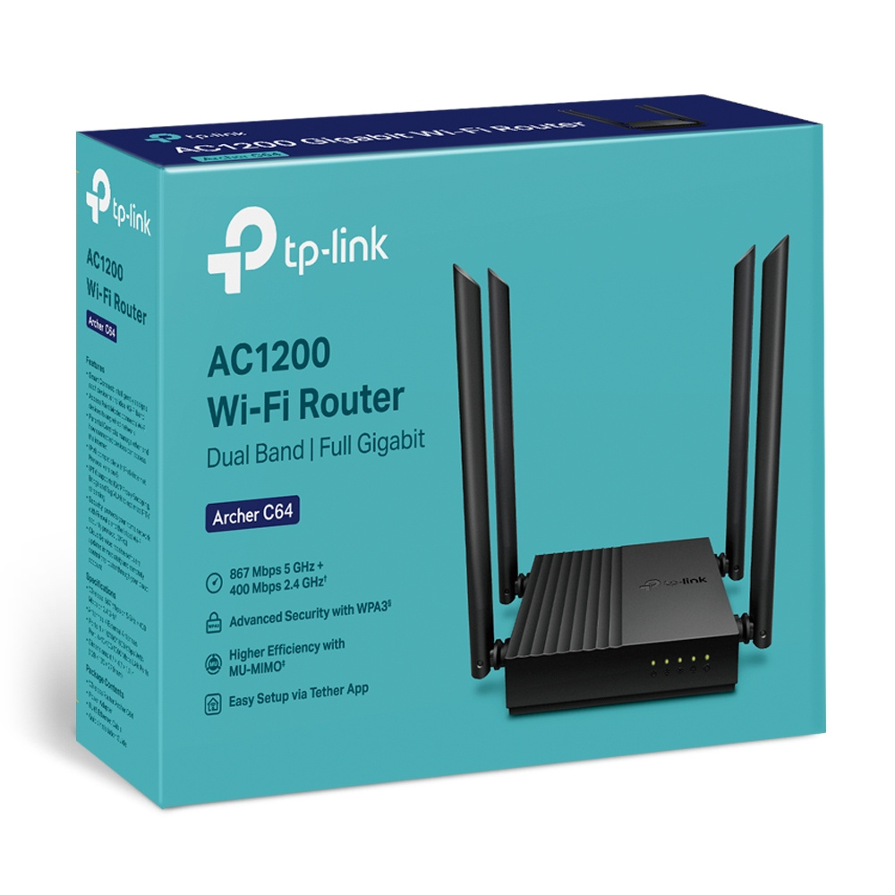 Router TP-Link Gigabit Ethernet de Banda Dual MU-MIMO Firewall ARCHER C64 AC1200, Inalámbrico, 1200Mbit/s, 5x RJ-45, 2.4/5GHz, con 4 Antenas Externas SKU: ARCHER C64