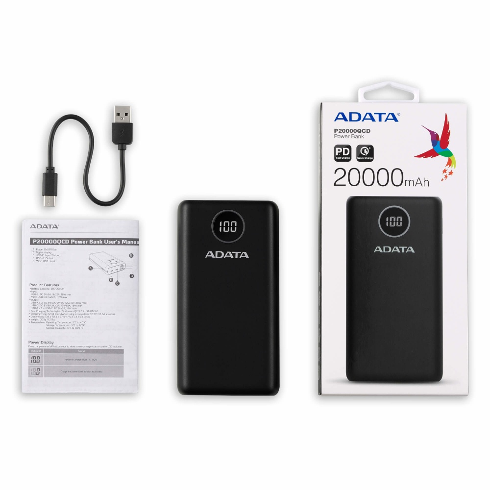 Cargador Portátil Adata P20000QCD, 20.000mAh, Negro SKU: AP20000QCD-DGT-CBK