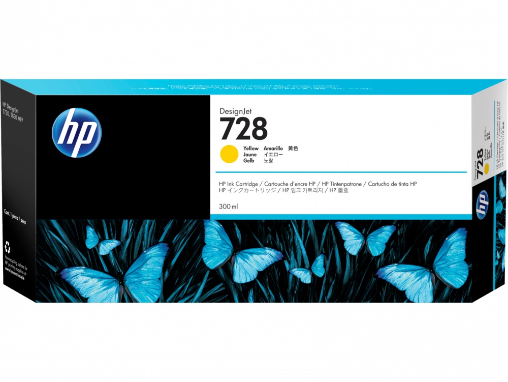 HP 728 Amarillo Original Cartucho de Tinta HP728 HP Designjet T730, T830 300ml SKU: F9K15A