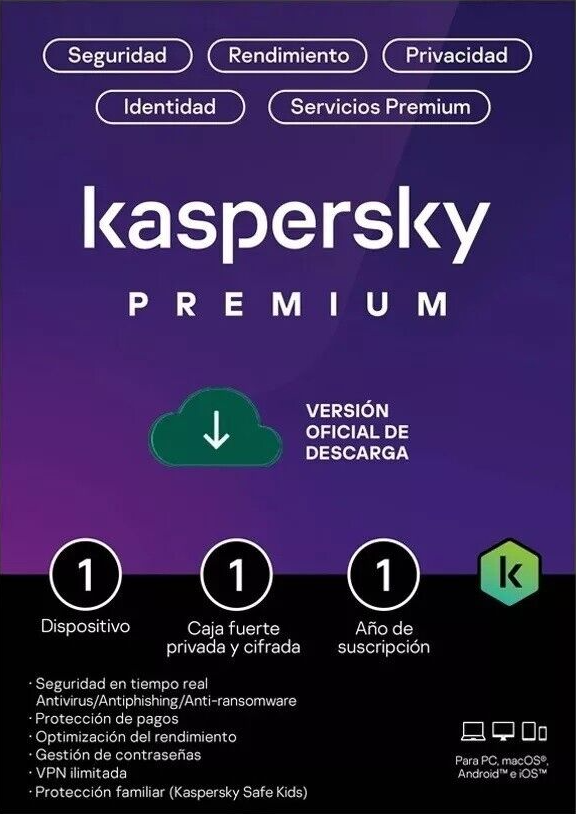 Kaspersky Premium (Total Security) 1 Dispositivo, 1 Año, Windows/Mac ― Producto Digital Descargable SKU: KL1047ZDAFS