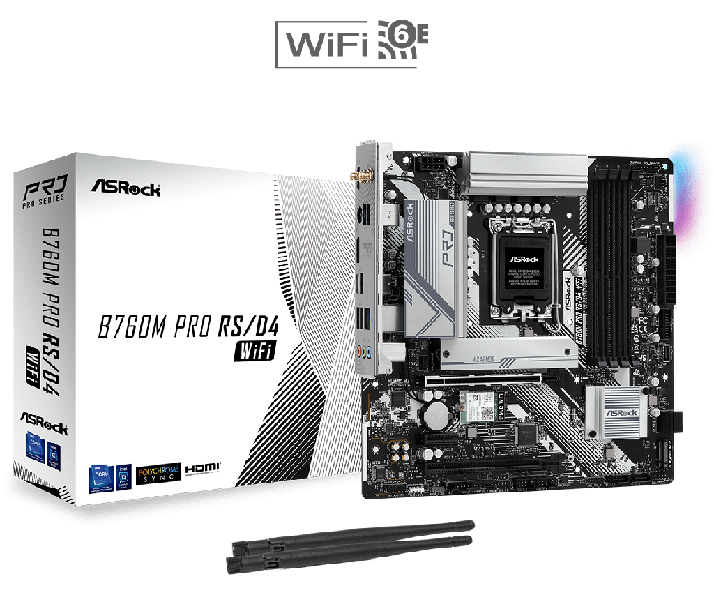 Tarjeta Madre ASROCK Micro ATX B760M Pro RS/D4 WiFi, HDMI, DisplayPort, S-1700, Intel B760, HDMI, Máx.128GB, 4 x DDR4, para Intel Motherboard Gen. 12va, 13va, 14va, Micro ATX, MB-1342 SKU: B760M Pro RS/D4 WiFi