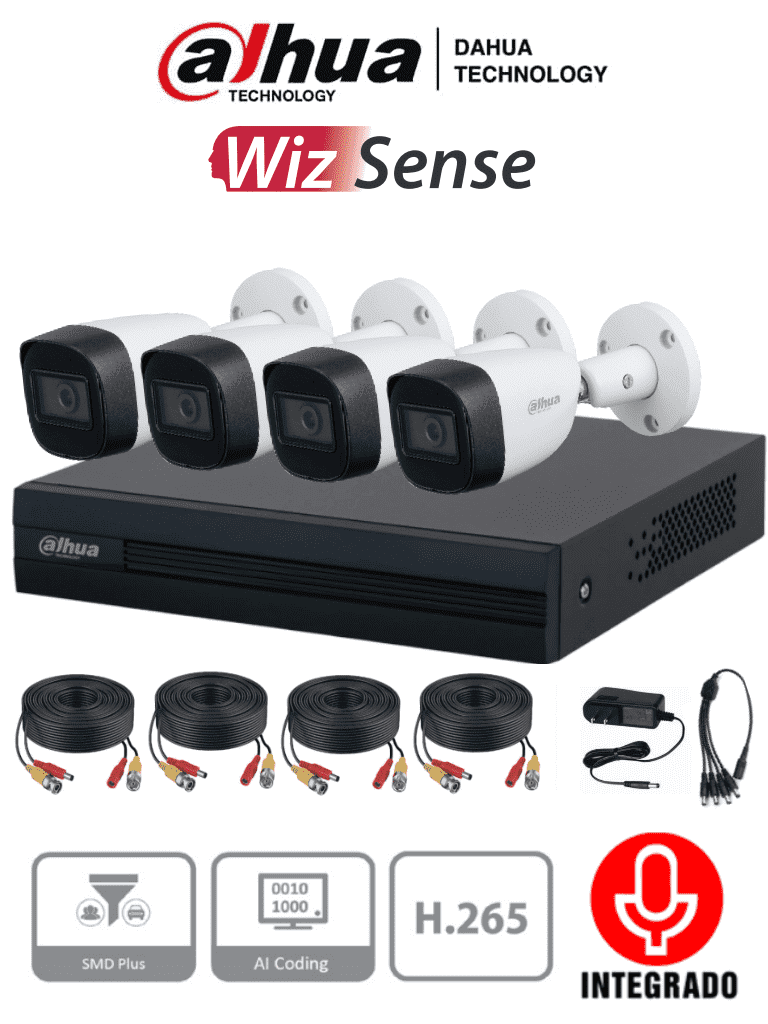 DAHUA KITXVR1B04-I+HFW1200CMA - Kit de 4 canales con cámaras de 2MP y audio. Incluye DVR Cooper-I WizSense con IA y H.265+, 4 cámaras metálicas con micrófono integrado, 4 canales más 1 IP o hasta 5 canales IP, 4 canales SMD Plus y accesorios incluidos SKU: DHT0250011