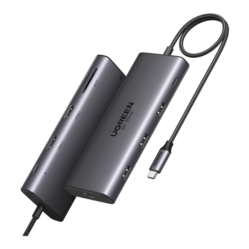 HUB USB-C (Docking Revodok Pro 210) Ugreen 10 en 1 | 2 Puertos HDMI 8K,4K@60Hz | 3 USB-A | USB-C (5Gbps) | USB-C PD Carga 100W | RJ45 (Gigabit Ethernet) | Lector Tarjetas SD + Micro SD (TF) Simultáneo | Carcasa de Aluminio SKU: 15534