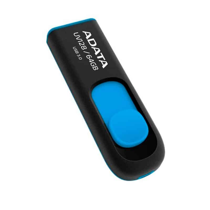 Memoria USB Adata DashDrive UV128, 64GB, USB 3.0, Lectura 90MB/s, Escritura 40MB/s, Negro/Azul SKU: AUV128-64G-RBE