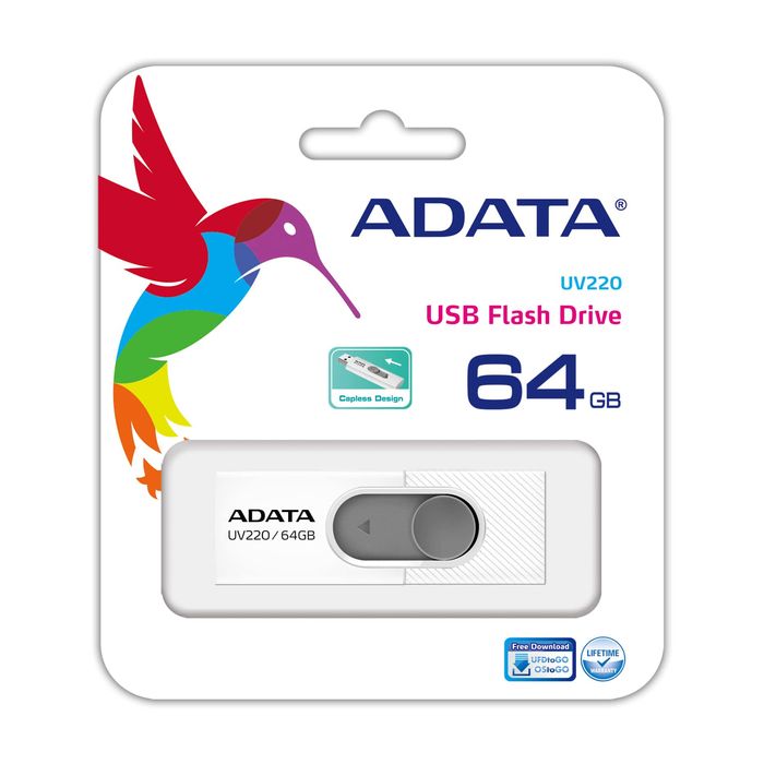 Memoria USB Adata UV220, 64GB, USB 2.0, Gris/Blanco SKU: AUV220-64G-RWHGY