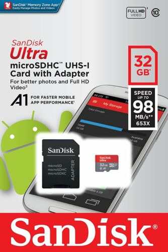 Memoria Flash SanDisk Ultra A1, 32GB MicroSDHC Clase 10, con Adaptador SKU: SDSQUAR-032G-GN6MA