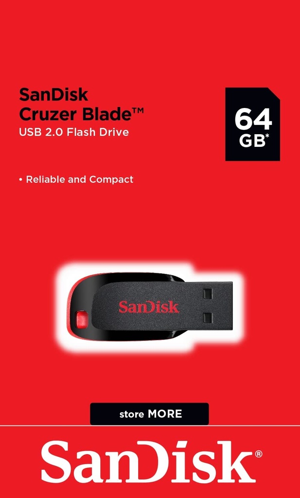 Memoria USB SanDisk Cruzer Blade CZ50, 64GB, USB 2.0, Negro/Rojo SKU: SDCZ50-064G-B35