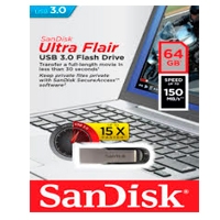 Memoria USB SanDisk Ultra Flair, 64GB, USB 3.0, Lectura 150MB/s, Negro/Plata SKU: SDCZ73-064G-G46