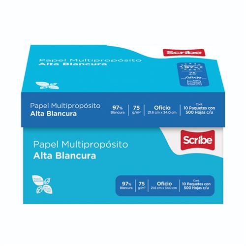 Caja de Papel Tamaño Oficio Scribe Azul 97% Blancura 10 Paquetes con 500 Hojas 75Grs