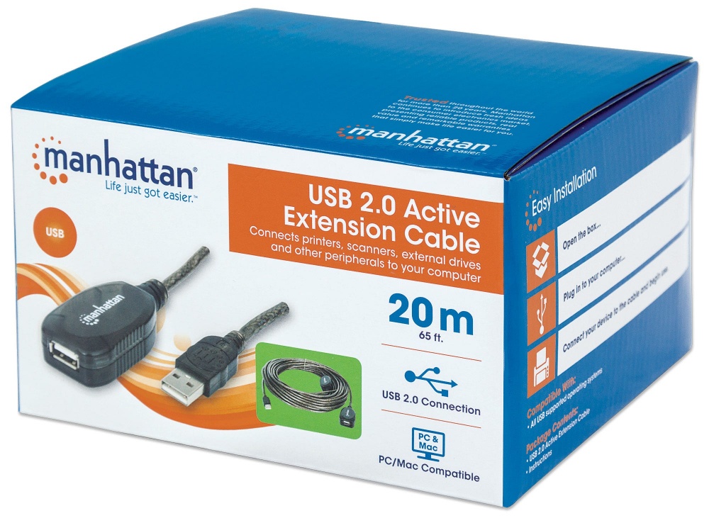 Manhattan Cable de Extensión Activa USB de Alta Velocidad Encadenable, USB A Macho - Hembra, 20 Metros, Negro CB-1019 SKU: 150958