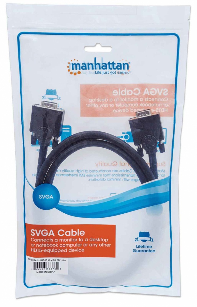 Manhattan Cable para Monitor SVGA 8mm, VGA (D-Sub) Macho - VGA (D-Sub) Macho, 1.8 Metros SKU: 311731