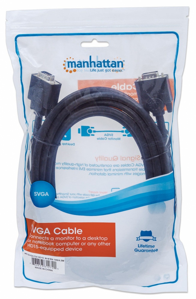 Manhattan Cable para Monitor SVGA 8mm, VGA (D-Sub) Macho - VGA (D-Sub) Macho, 4.5 Metros, Negro SKU: 312721