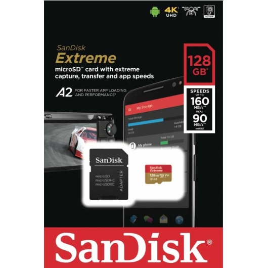 Memoria Flash SanDisk Extreme, 128GB MicroSDXC Clase 10, con Adaptador SKU: SDSQXA1-128G-GN6MA