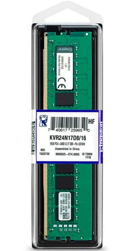 Memoria RAM UDIMM Kingston DDR4, 2400MHz, 16GB, Non-ECC, CL17, Dual Rank x8 SKU: KVR24N17D8/16