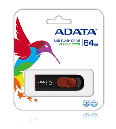 Memoria USB Adata C008, 64GB, USB 2.0, Negro/Rojo SKU: AC008-64G-RKD