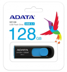 Memoria USB Adata Dashdrive UV128, 128GB, USB 3.0, Lectura 100MB/s, Escritura 40MB/s, Negro/Azul SKU: AUV128-128G-RBE