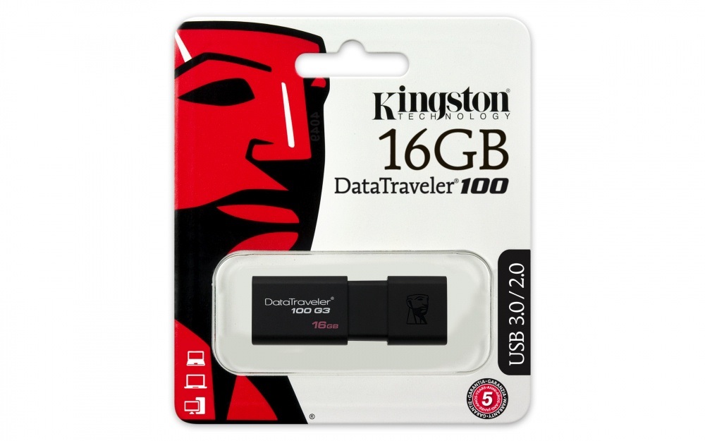 Memoria USB Kingston DataTraveler 100 G3, 16GB, USB 3.0, Negro SKU: DT100G3/16GB