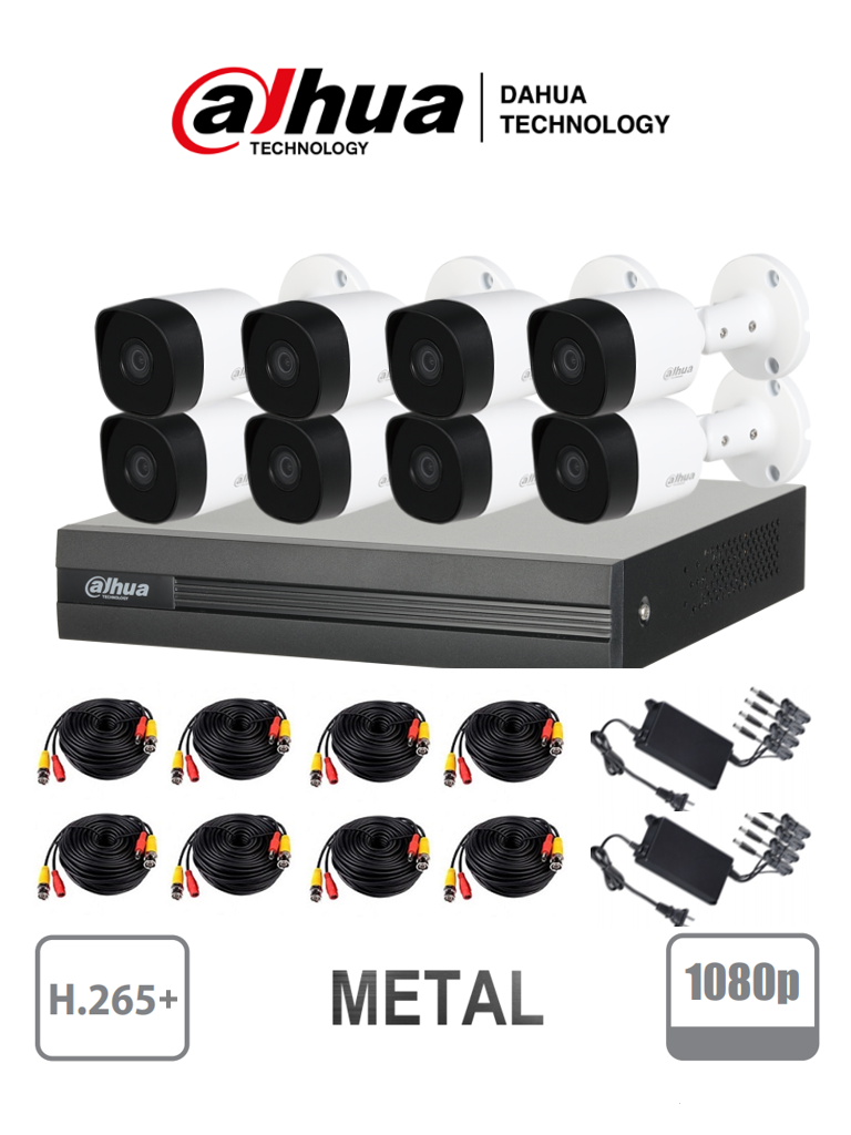 DAHUA COOPER XVR1B08KITII - Kit 8 canales 2 megapixeles / 8 Camaras B2A21 1080p metalicas / DVR De 8 canales 1080p Lite / H.265+ / 2 Ch IP adicionales 8+2 / Ir 20M / IP67 / Accesorios SKU: DAD1350008