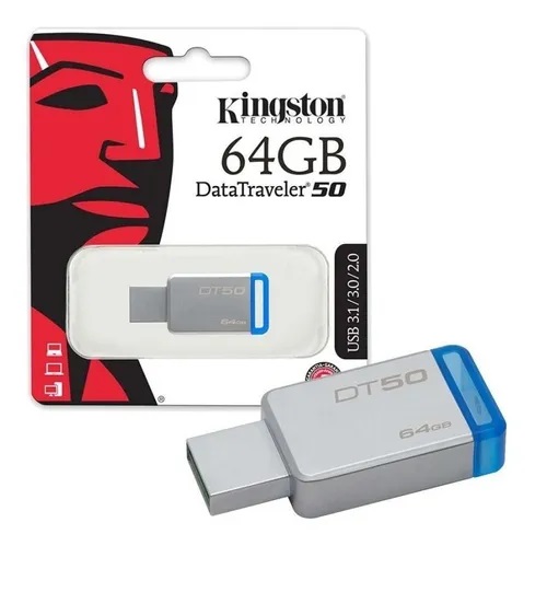 Memoria USB Kingston DataTraveler 50, 64GB, USB 3.0, Plata/Azul SKU: DT50/64GB