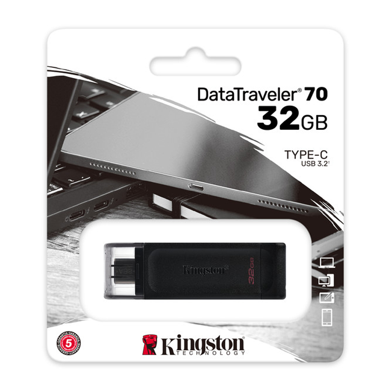 Memoria USB Kingston DataTraveler 70, 32GB, USB-C 3.2, Negro SKU: DT70/32GB