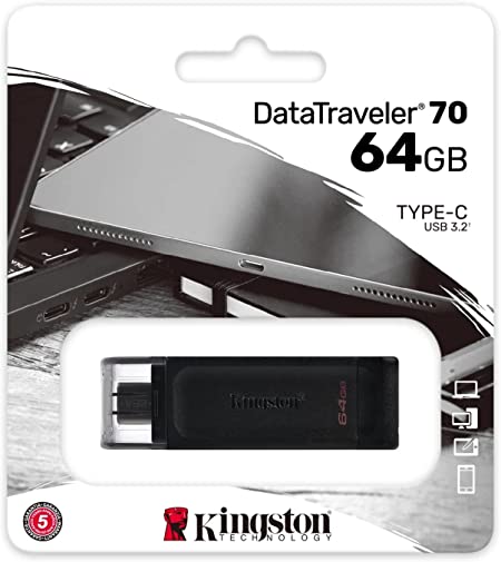 Memoria USB Kingston DataTraveler 70, 64GB, USB-C 3.2, Negro SKU: DT70/64GB