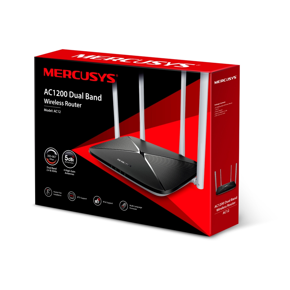 Router Mercusys Fast Ethernet de Banda dual AC12 AC1200, Inalámbrico, 867 Mbit/s, 4x RJ-45, 2.4/5GHz, 4 Antenas Externas de 5dBi SKU: AC12