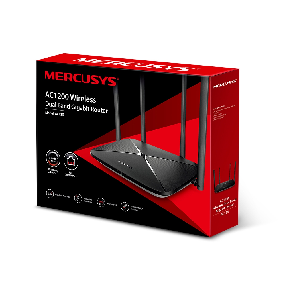 Router Mercusys Gigabit Ethernet de Banda Dual AC12G, Inalámbrico, 1167Mbit/s, 4x RJ-45, 2.4/5GHz, 4 Antenas Externas SKU: AC12G