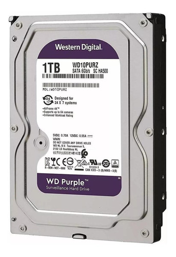 Disco Duro Western Digital WD Purple 3.5'', 1TB, SATA III, 6 Gbit/s, 64MB Caché SKU: WD10PURZ