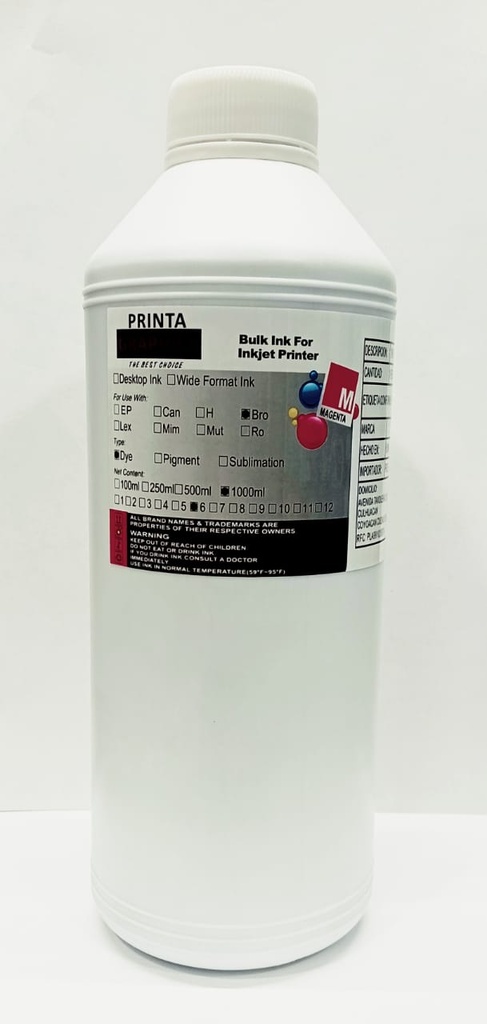 1 Litro Tinta Magenta Universal HP Epson Canon Brother 1LT