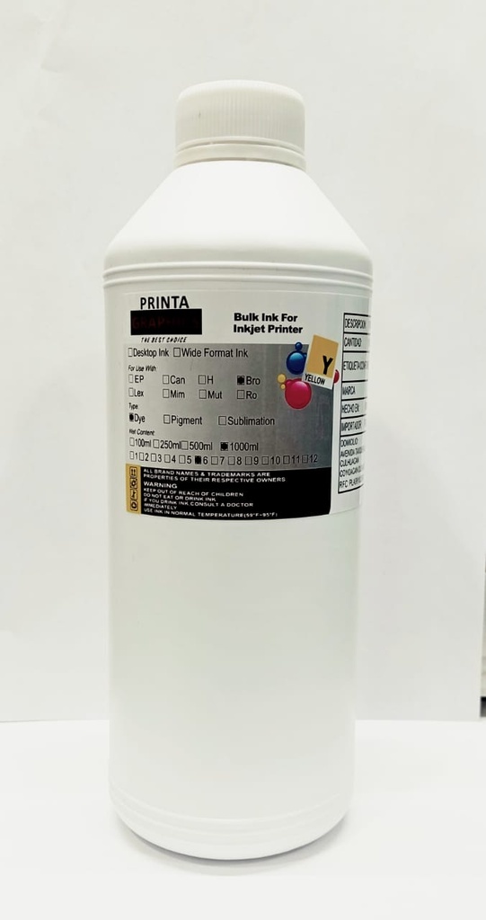 1 Litro Tinta Amarilla Universal HP Epson Canon Brother 1LT