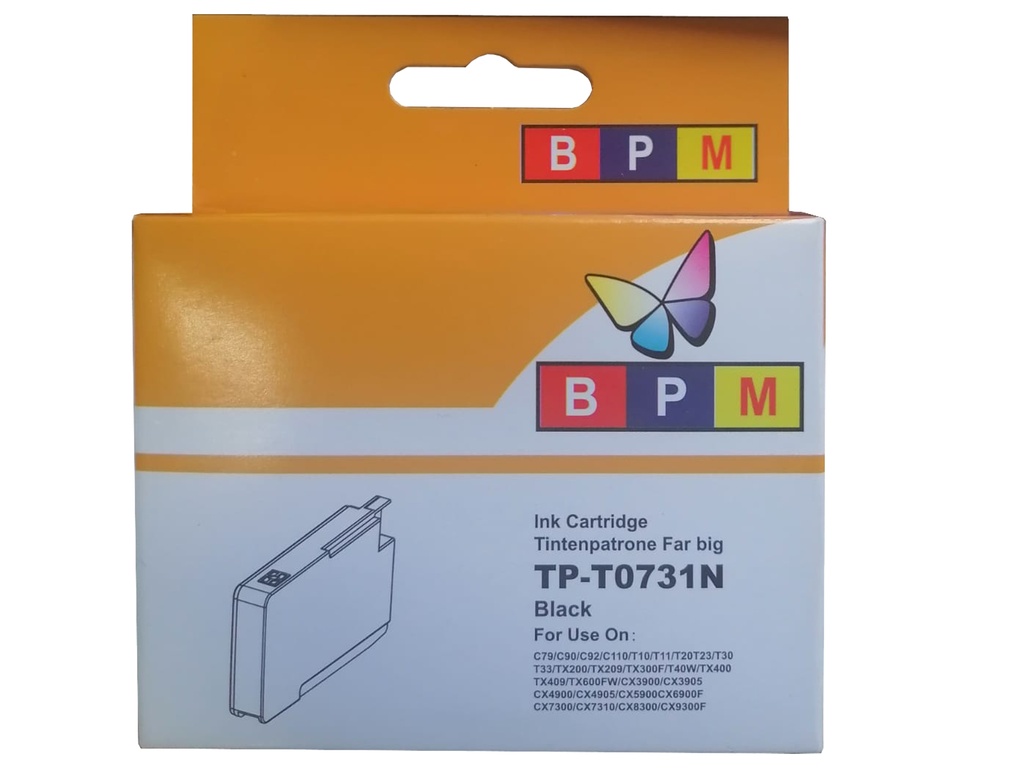 T0731N COMPATIBLE NEGRO CARTUCHO TINTA EPSON Epson Stylus C79/ C90/ C92/ C110/ CX3900/ CX3905/ CX4900/ CX4905/ CX5500/ CX5501/ CX5505/ CX5510/ CX5900/ CX6900F/ CX7300/ CX7310/CX8300 Epson Stylus T10/ T11/ T13/ T20/ T20E/ T21/ T30/ T40/ TX100/ TX101/ TX110/ TX111/ TX121/ TX200.