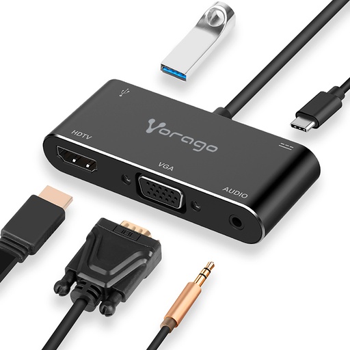 [ADP-350] Vorago Adaptador USB-C Macho - VGA/HDMI/USB-C/3.5mm/USB-A Hembra, Negro SKU: ADP-350