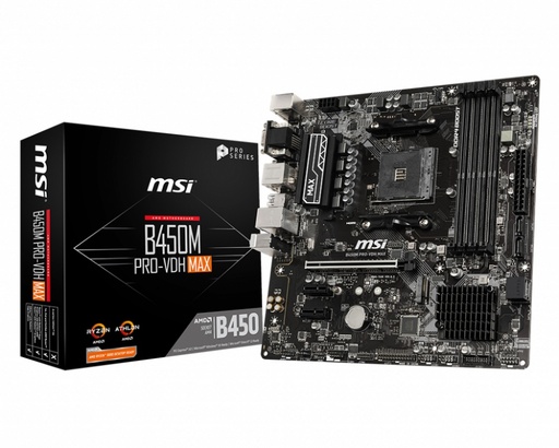 [B450M PRO-VDH MAX] Tarjeta Madre MSI Micro ATX B450M PRO-VDH MAX, S-AM4, AMD B450, HDMI, 128GB DDR4 para AMD ― Requiere Actualización de BIOS para Ryzen Serie 5000 MB-1073 SKU: 7A38-043R