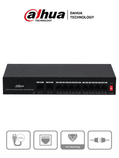 [DHT1850009] DAHUA PFS3010-8ET-65 - Switch Poe de 10 Puertos Fast Ethernet/ 8 Puertos Poe/ 2 Puertos Uplink/ 65 Watts Totales/ Soporta PoE Watchdog/ Switching 2.0 Gbps/ Con Protección de Descargas/