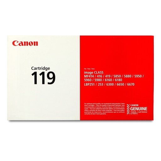 Canon 119 Negro Original Toner Can-119 Canon IMAGE CLASS MF414/ MF416/ MF419, MF5850, MF5880, MF5950, MF5960, MF5980, MF-6160, MF-6180, LBP251, LBP253, LBP6300, LBP6650, LBP6670 2,100 Pag. SKU: 3479B001AA