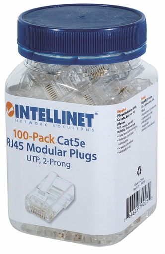 Intellinet Plugs Modulares RJ-45, RJ45 Cat5e, Bote con 100 Piezas Transparentes CN-1071 SKU: 790055