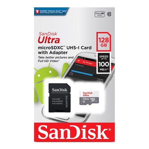 Memoria Flask SanDisk Ultra, 128GB MicroSDXC UHS-I MicroSDXC, con Adaptador SKU: SDSQUNR-128G-GN6TA