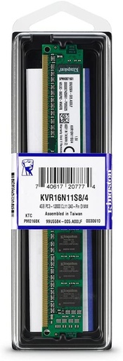 Memoria RAM UDIMM Kingston DDR3, 1600MHz, 4GB, CL11, Non-ECC, Single Rank x8 SKU: KVR16N11S8/4