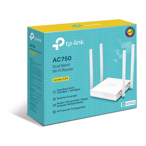 [ARCHER C24] Router TP-Link Fast Ethernet de Banda Dual Firewall C750 ARCHER C24, Inalámbrico, 433Mbit/s, 5x RJ-45, 2.4/5GHz, 4 Antenas Externas NIC-3514 SKU: ARCHER C24