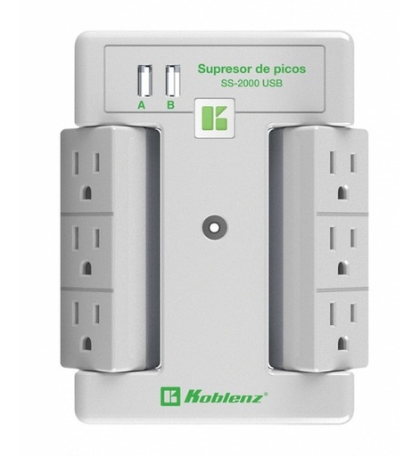 SS-2000 USB SUPRESOR DE PICOS KOBLENZ SS-2000-USB, 2000 JOULES, 6 CONTACTOS GIRATORIOS, 2 PUERTOS USB, DISEÑO TV DE PARED. 3 AÑOS DE GARANTÍA. SKU 00-5348-00-8