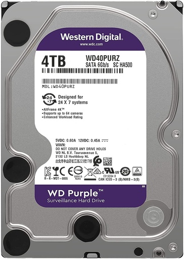 Disco Duro para Videovigilancia Western Digital WD Purple 3.5'', 4TB, SATA III, 6 Gbit/s, 64MB Cache SKU: WD40PURZ