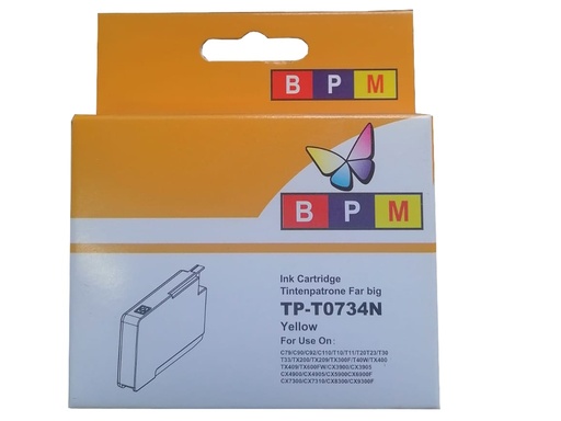 T0734Y COMPATIBLE AMARILLO CARTUCHO TINTA Epson Stylus C79/ C90/ C92/ C110/ CX3900/ CX3905/ CX4900/ CX4905/ CX5500/ CX5501/ CX5505/ CX5510/ CX5900/ CX6900F/ CX7300/ CX7310/CX8300 Epson Stylus T10/ T11/ T13/ T20/ T20E/ T21/ T30/ T40/ TX100/ TX101/ TX110/ TX111/ TX121/ TX200.